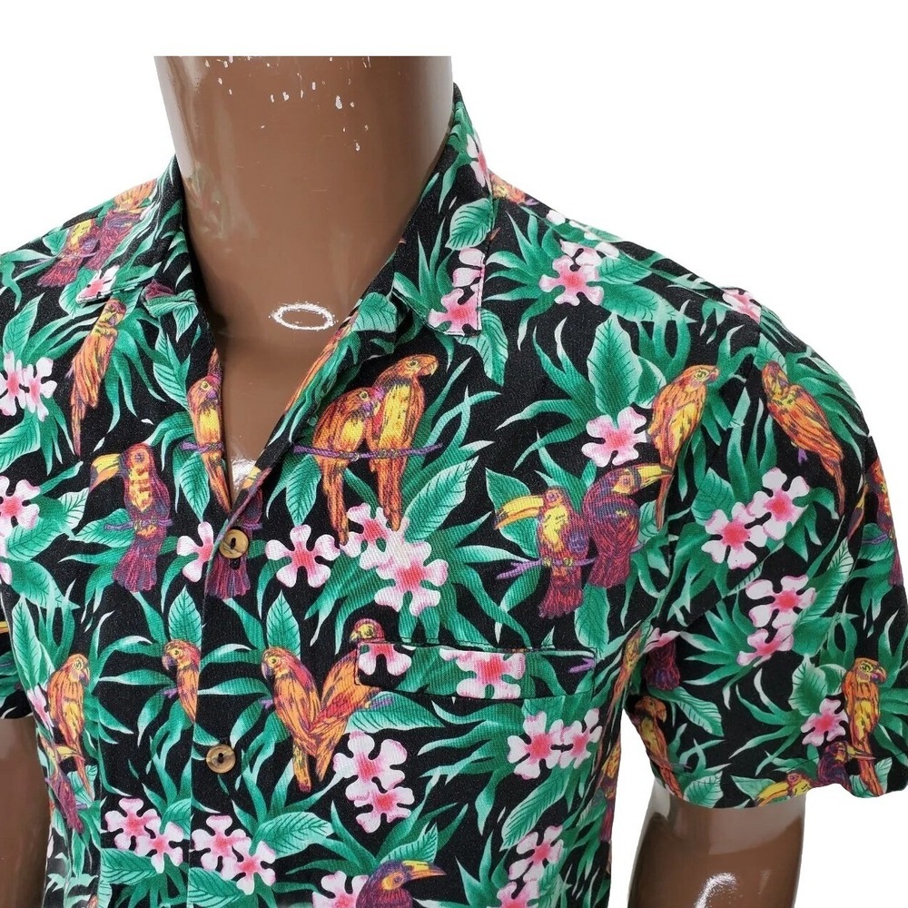 Barefoot In Paradise Hawaiian Shirt Mens Medium Black Parrot Toucan Tropical USA